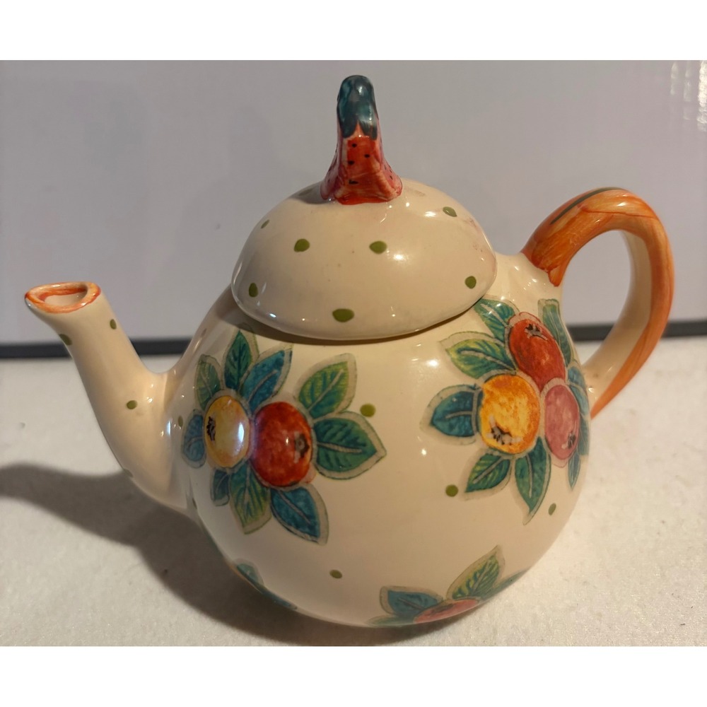 Vintage Italian Ceramic Mini Teapot Hand Painted Fruit Strawberry Finial Italy